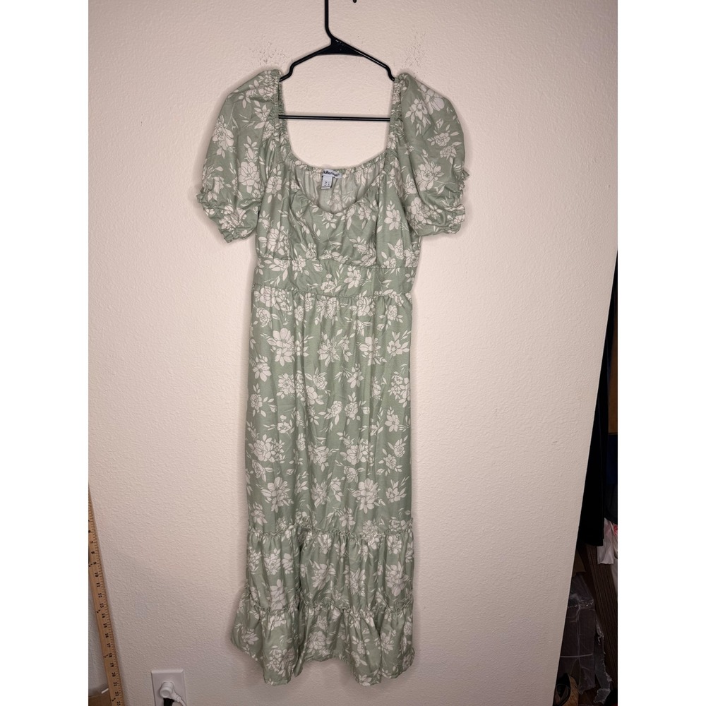 Charlotte Russe Sage Green Floral Puff Sleeve Tiered Maxi cottage Dress Womens L